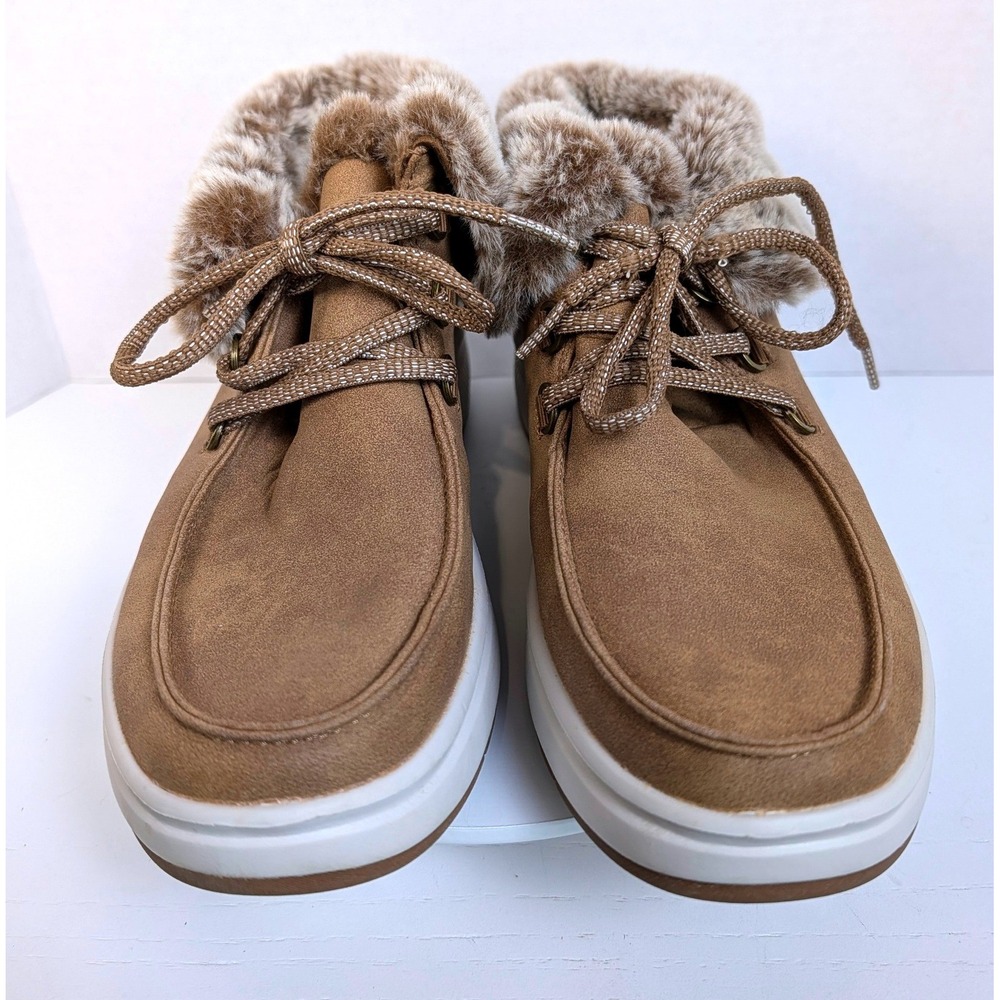 Skechers BOBS Faux Fur Trim Moc Toe Boots Size 9 Tan Brown Platform